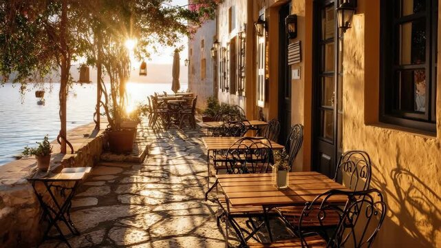 seaside caf&eacute; with chairs and table glowing in sunset light, calm summer vibe 