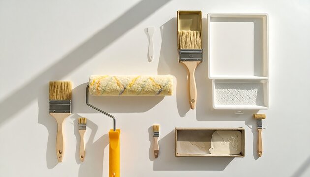 Studio flat lay showing complete paint tool set with rollers brushes and frames on light background