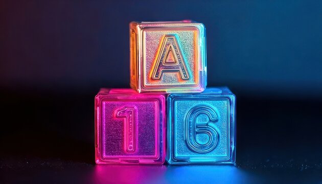 Colorful Alphabet Blocks Stacked with Letter A, Number 1, and Number 6.