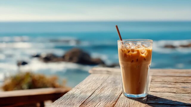 photo of iced coffee on outdoor table with ocean horizon in background, golden calm tone 