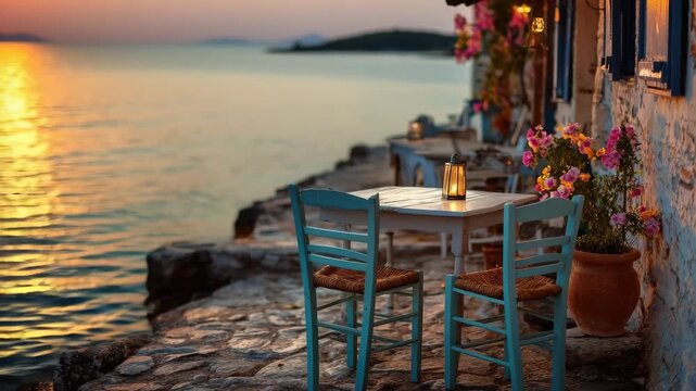 seaside caf&eacute; with chairs and table glowing in sunset light, calm summer vibe 