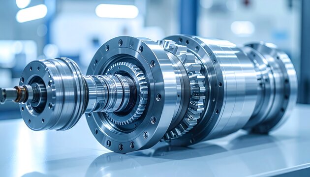 Detailed metallic drivetrain assembly photographed in clean industrial environment showcasing advanced mechanics
