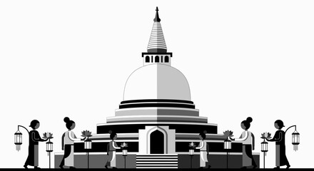 Illustration of Stupa with Monks and Lanterns.