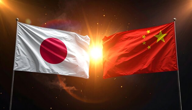 Japan and China national flags facing each other with dramatic light symbolizing geopolitical tension