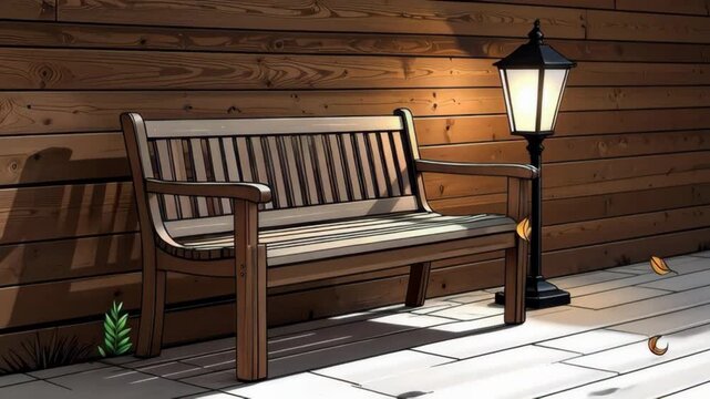 Empty wooden bench and lamppost on a patio with wooden wall and fallen leaves