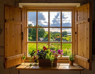 Open wooden window with flower box, offers a view of a scenic countryside landscape