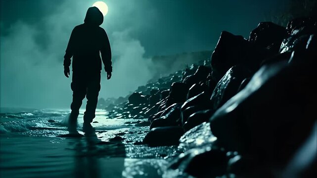 Hooded Silhouette Walking Through Shallow River Beside Wet Rocks at Night
