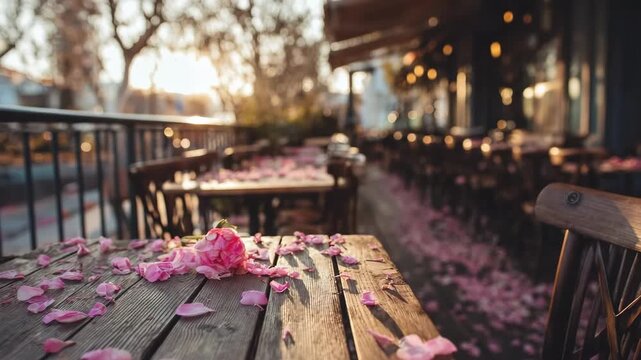 caf&eacute; reflection in glass window with falling cherry petals, soft dreamy tone