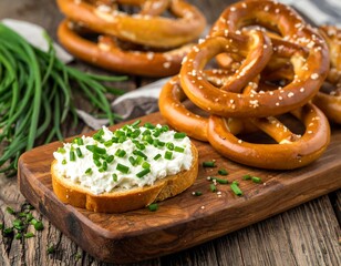 Open-faced sandwich with cream cheese and chives, surrounded by pretzels on wood