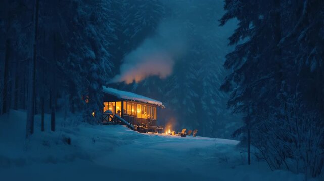 cozy cabin caf&eacute; deep in snow forest, warm yellow light and smoke rising into cold night