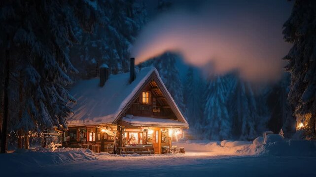 cozy cabin caf&eacute; deep in snow forest, warm yellow light and smoke rising into cold night