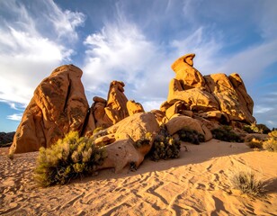 Orange sandstone rock formations under a partly cloudy blue sky, with desert scrub foreground