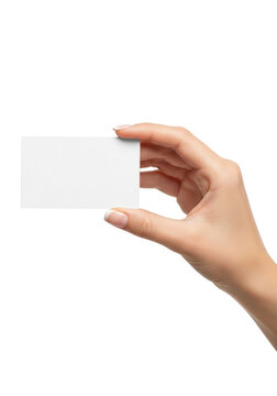 Elegant caucasian female hand, flawless french manicure, gently presenting a blank matte white business card corner, isolated on seamless brilliant white background with copy space. concept for