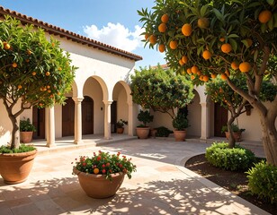 Orange trees dot a sunlit courtyard with archways and terracotta pots in a Mediterranean style
