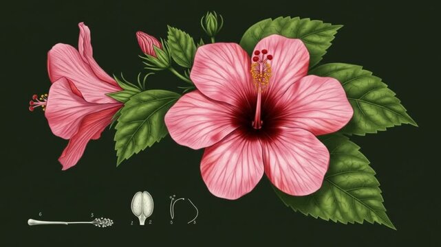 Two pink hibiscus flowers in full bloom with green leaves set against a dark green background