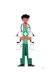 Obraz premium Friendly Doctor Standing Confidently With a Stethoscope and a Green Medical Cross Symbol in a Cheerful, Stylized Illustration