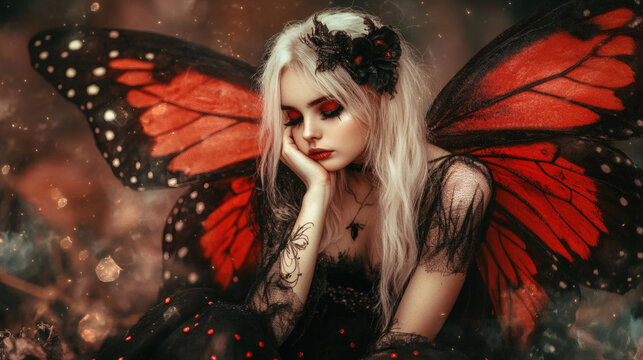 Dreamy Fairy Girl with Red Monarch Butterfly Wings and Black Lace Dress
