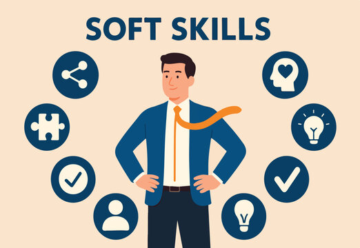Soft skills or personal attribute to be success, confident businessman with elements of soft skills, networking, empathy, time management or communication skill, problem solving and creativity.