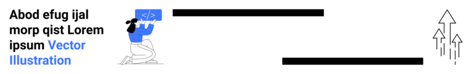 Obraz premium Business growth, technology development, creative solutions, innovation, digital ideas, upward trends. Arrows pointing up next to text and tech design. Business growth and technology
