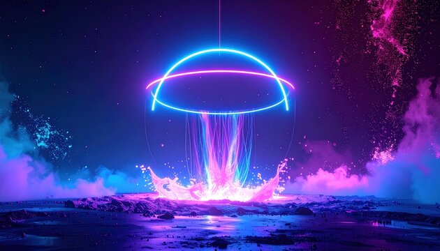 Neon-lit orb releases a vibrant fountain on a surreal, celestial landscape
