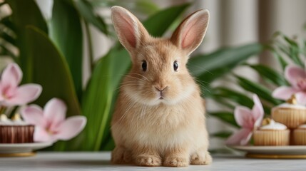 Obraz premium Adorable fluffy rabbit posing amidst pink flowers and delicious cupcakes, capturing a warm, cheerful atmosphere of celebration and joy in a cozy setting