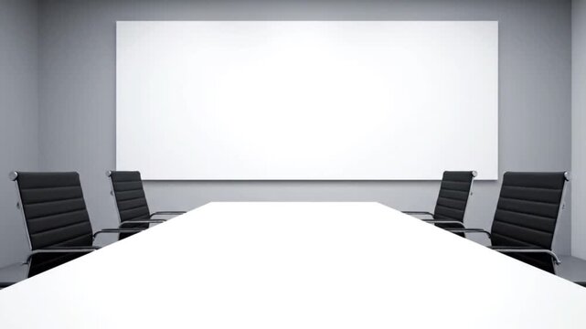 Sleek and modern empty conference room featuring a long white table and executive black chairs, perfectly set for productive corporate discussions and presentations