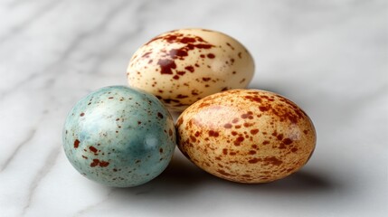 Obraz premium Natural speckled eggs in different colors on a smooth marble surface displaying organic textures and patterns for artistic or culinary use