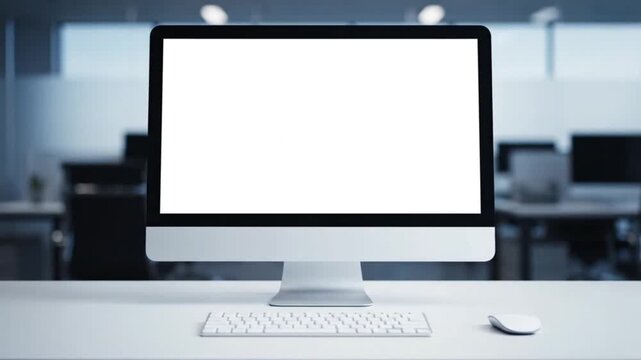 Contemporary desktop computer setup with a pristine blank white screen positioned on a modern office desk, ideal for displaying digital content or mockups in a professional workspace