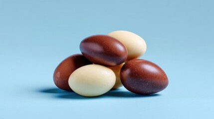 Obraz premium Colorful Chocolate Eggs Piled on a Soft Blue Background, Ideal for Celebrations, Easter Themes, and Dessert Presentations in Festive Settings