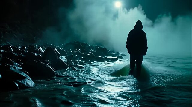 Hooded Silhouette Walking Through Shallow River at Night
