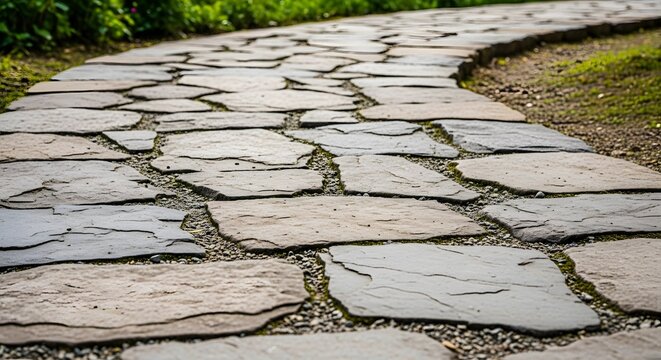 Stone path winding through green garden landscape for Maundy Thursday  