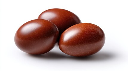 Obraz premium Three Smooth and Shiny Brown Chocolate Eggs on White Background Perfect for Festive Celebrations and Delicious Treats in Easter or Special Occasions