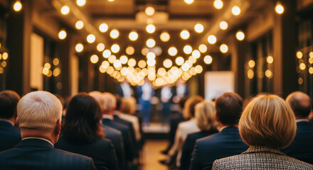 Business conference audience corporate seminar professional meeting people listening formal event leadership presentation keynote speech blurred stage warm lights focus crowd Corporate seminar