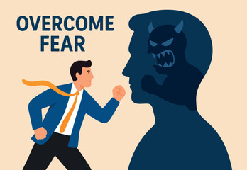 Naklejka premium Overcome fear, courage or daring confidence to win business, leader determination, calm or hope to belief in yourself, difficulty concept, courage businessman fighting fear monster inside himself.