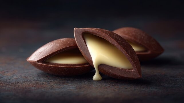 Creamy chocolate confection with smooth filling on rustic surface showcasing rich textures and gourmet appeal for dessert enthusiasts and food lovers.
