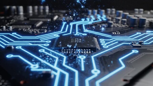 Abstract Futuristic Circuit Board with Glowing Blue Lines and Digital Data Stream