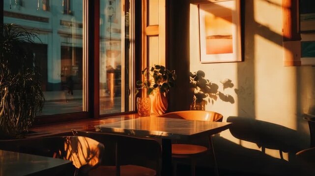 photo of coffee on wooden table inside modern caf&eacute;, soft sunlight and neutral tone