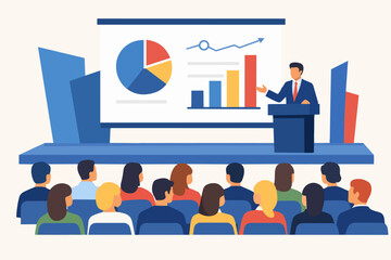 Obraz premium Speaker presenting business data, charts, and graphs to an audience at a seminar