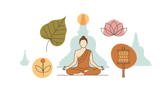 Meditating Monk in Lotus Position with Symbols.