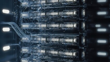 Close-up view of intricate server racks with illuminated components and fractured surfaces