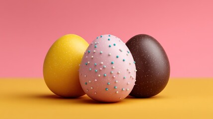 Obraz premium Colorful Easter Eggs with Sprinkles on Soft Pastel Background Perfect for Spring Celebrations and Holiday Decoration Concepts in Minimalistic Style