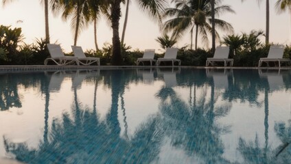Poolside relaxation, tranquil scene at sunset. Palm trees flank a reflecting pool, with white lounge chairs