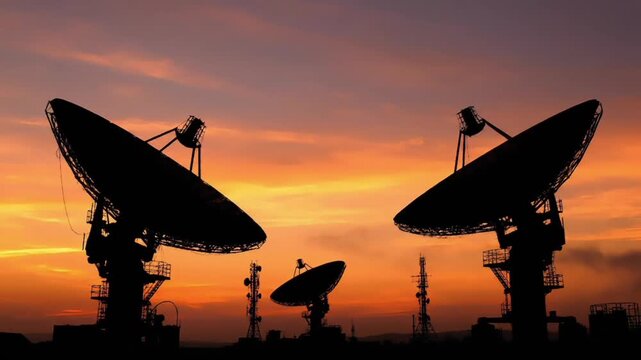 Silhouette of a satellite dish array against a vibrant orange and purple sunset with several antennas and towers.