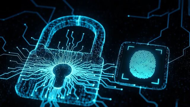 Digital Security Illustration Showing Padlock Fingerprint Sensor Connected By Circuit-like Lines Data Protection In Technology Setting For Presentations Website Content