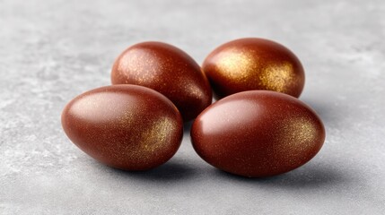 Obraz premium Close-Up of Four Chocolate Eggs with Shimmering Gold Detail on Gray Surface for Easter or Seasonal Celebration Ideas