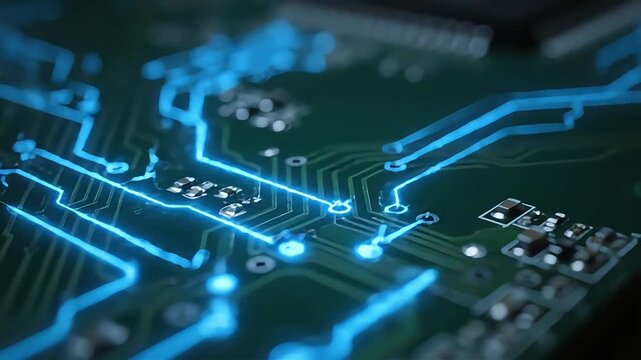 Close-up view of glowing blue circuits on a computer motherboard in a dark environment