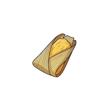 Hand-drawn tamale wrapped in corn husk, isolated on white background