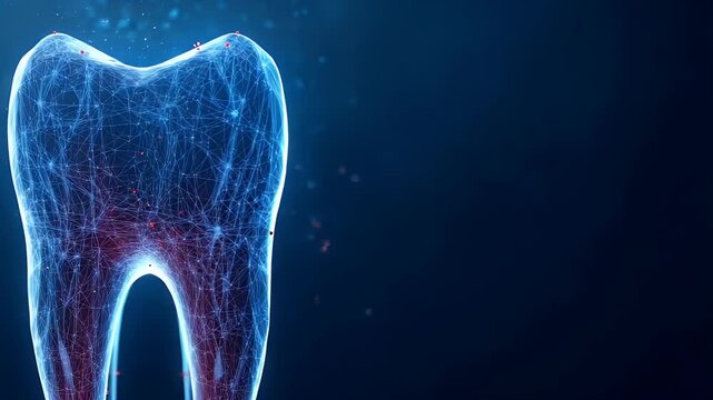 Glowing blue tooth illustration with dynamic red particles, conveying advanced dental technology and innovation.