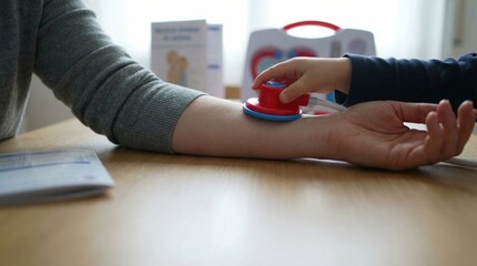 Fototapeta premium Child Playing Doctor with Toy Stethoscope Against Adult Arm in Medical Theme Setting