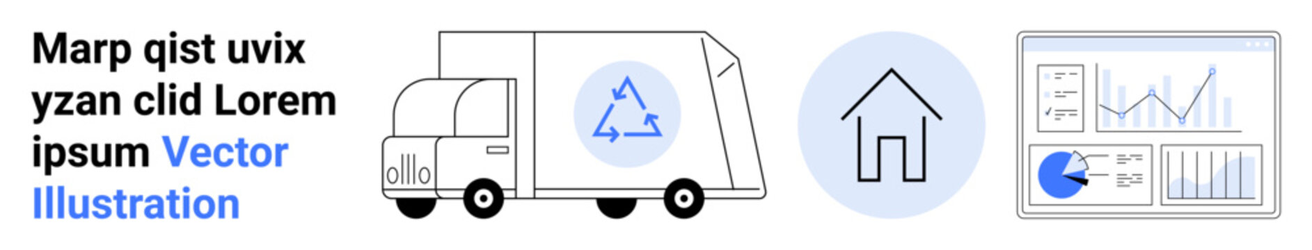 Delivery truck with recycling logo, minimalist home icon, analytics chart. Ideal for eco-transport, sustainability, housing, smart city, technology, recycling simple landing page
